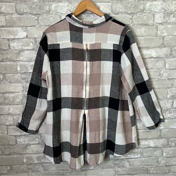 Soft Surroundings Women's Large Carreaux Plaid Linen Blend Back Zip Blouse Beige - Picture 3 of 12